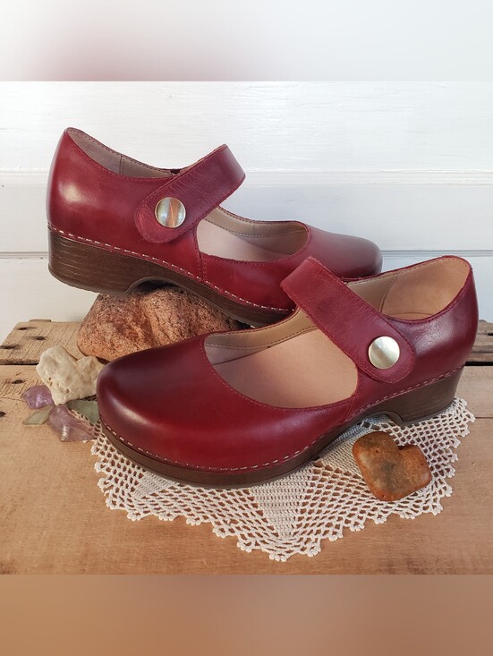 Dansko Shoes - RED Dansko Beatrice MaryJane Clog Burnished Velcro Strap Button Boho Cottage
